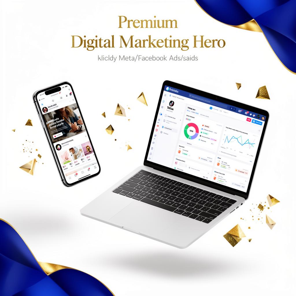 Premium landing page, TikTok ads and Meta dashboard mockups